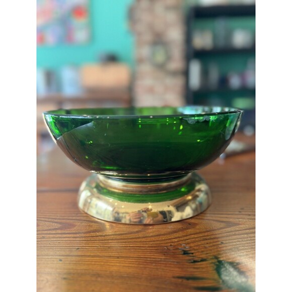 Paden City MCM Atomic Emerald Glo Green 9.25" Serving Bowl With Brass Base - Picture 14 of 14